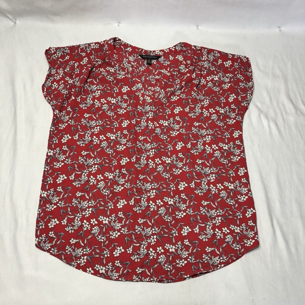 Banana Republic Red Floral Print Short Sleeve Blouse XS Ruffled